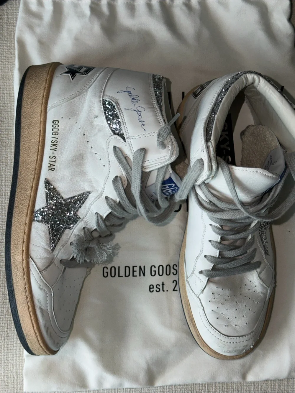 Golden Goose Cream High-Top Sneakers with Silver Glitter Star Accent - Picture 5 of 7